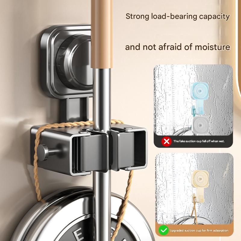 1 pack Grey Suction Cup Mop and Broom Holder Wall Mount - No Drill Adhesive Hook for Bathroom, Kitchen and Laundry, Strong Hold Reusable Storage Organiser for Cleaning Tools