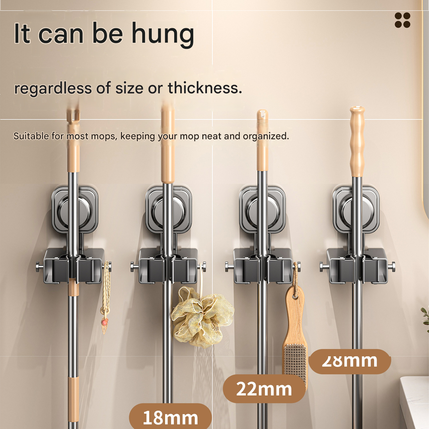 1 pack Grey Suction Cup Mop and Broom Holder Wall Mount - No Drill Adhesive Hook for Bathroom, Kitchen and Laundry, Strong Hold Reusable Storage Organiser for Cleaning Tools