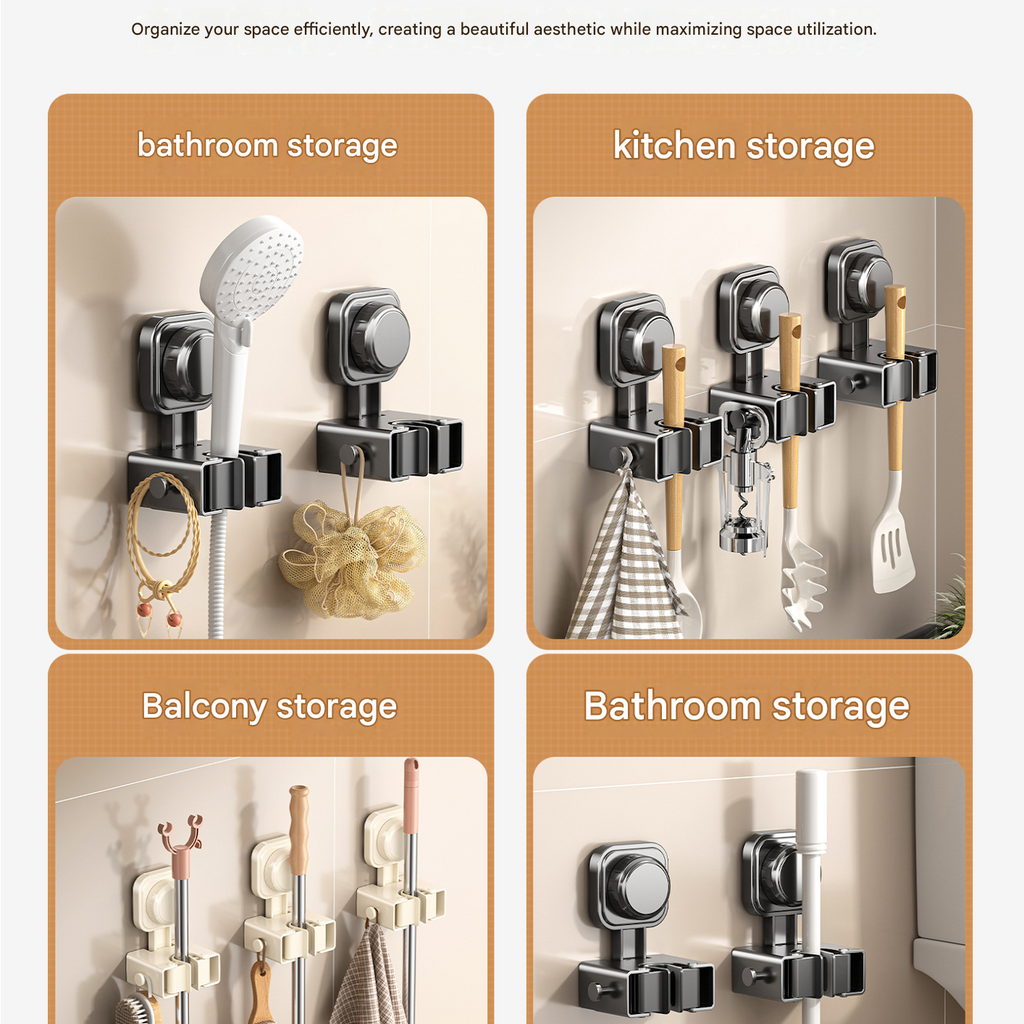 1 pack Grey Suction Cup Mop and Broom Holder Wall Mount - No Drill Adhesive Hook for Bathroom, Kitchen and Laundry, Strong Hold Reusable Storage Organiser for Cleaning Tools