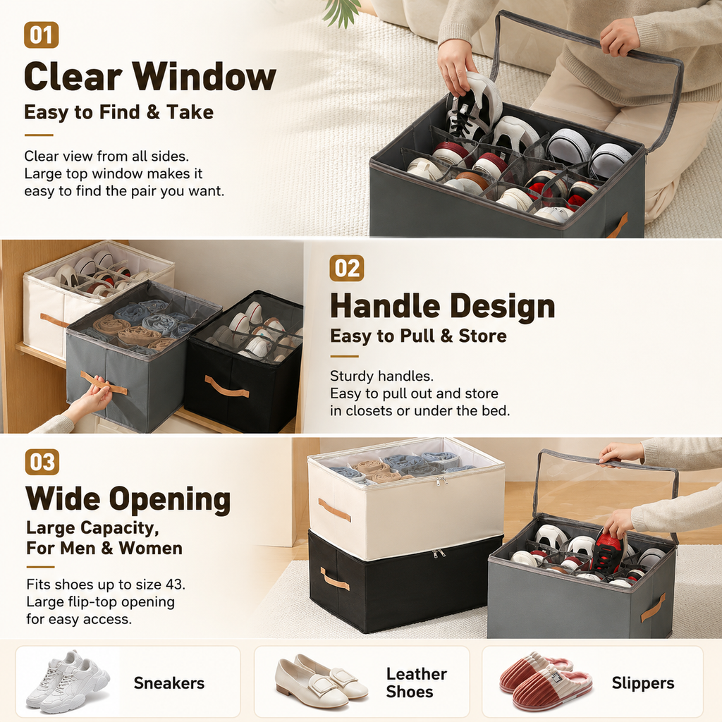 Gray Foldable Shoe Storage Box with Dustproof Clear Top Window, 12 Grid Dividers & Handle - Moisture Resistant Oxford Shoe Organizer, Free Installation and Compact for Closet Bedroom Home Storage