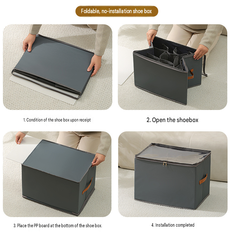 Black Foldable Shoe Storage Box with Dustproof Clear Top Window, 16 Grid Dividers, Sock Pockets & Handle - Moisture Resistant Oxford Shoe Organizer, Free Installation and Compact for Closet Bedroom Home Storage