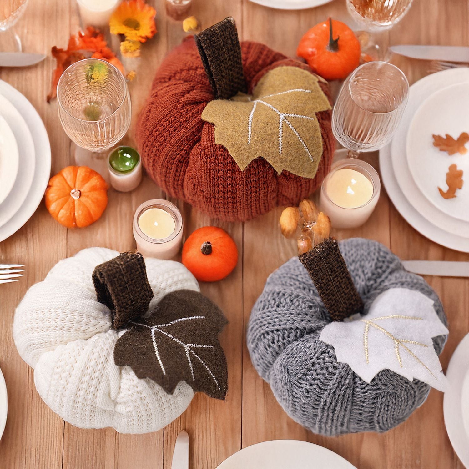 3-pack White Knitted Pumpkin Decoration - Polyester Fabric Fall Harvest Ornament With Hanging Loop For Thanksgiving Table Centre And Farmhouse Home Decor