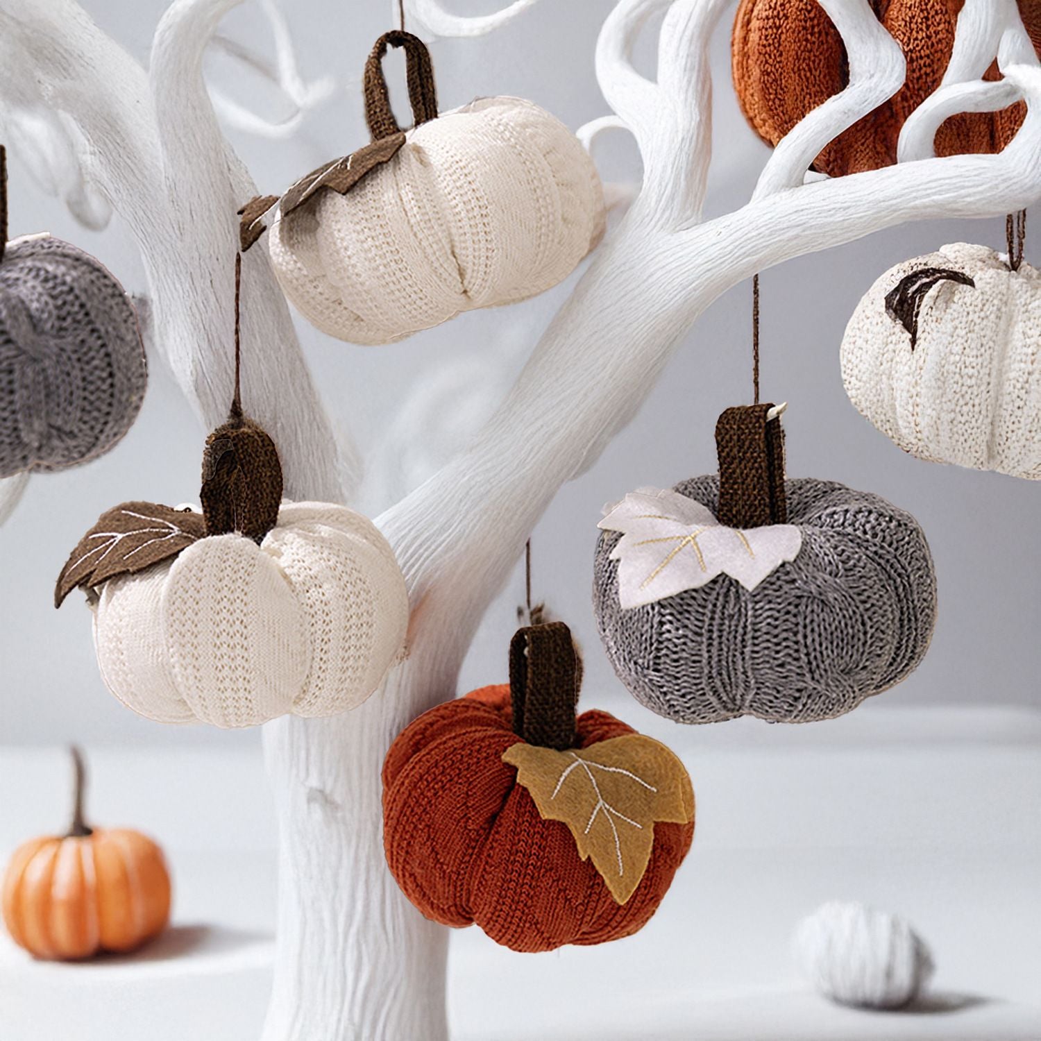 3-pack White Knitted Pumpkin Decoration - Polyester Fabric Fall Harvest Ornament With Hanging Loop For Thanksgiving Table Centre And Farmhouse Home Decor