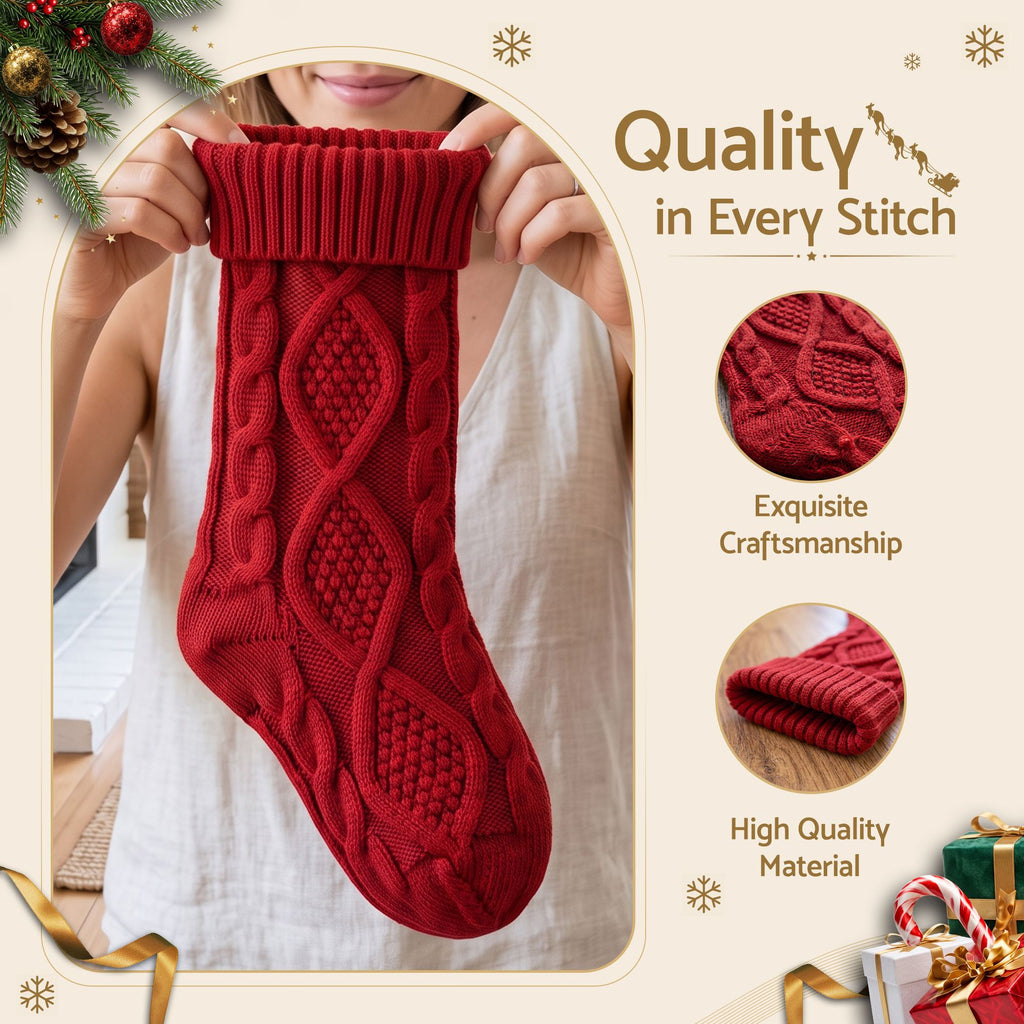 Jingle Jollys 3PCS Personalized Christmas Stockings with Leather Patches 16 Inch Knitted Solid Colour Xmas Decor For Fireplace Mantel, Christmas Tree, Home Decoration & Holiday Party Displays